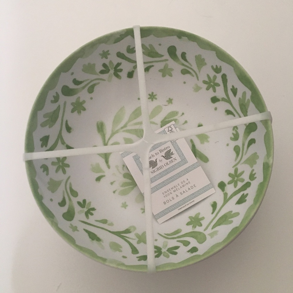 4 Melamine Bowls for Salad Green Floral Beach to Bistro by Sigrid Olsen